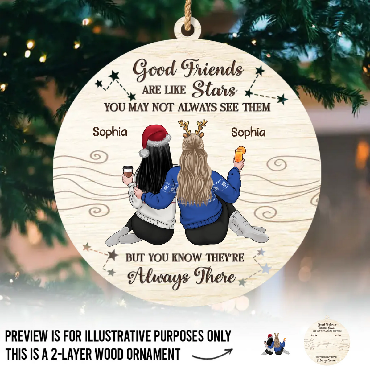 Custom Double Layer Wooden Ornament - Personalized Best Friend Christmas Birthday Gifts For Women, Besties, Sisters, BFF - Bestie Laughs Brighten Every Day
