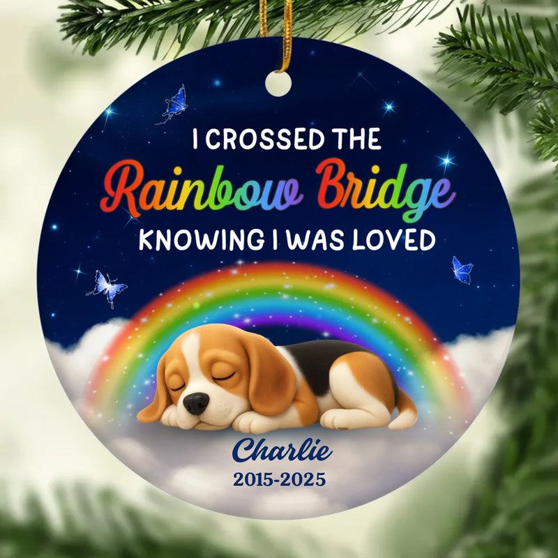 Custom Rainbow Bridge Ceramic Ornament - Personalized Pet Christmas Memorial Sympathy Gifts For Dogs - Tail Wags In Heaven