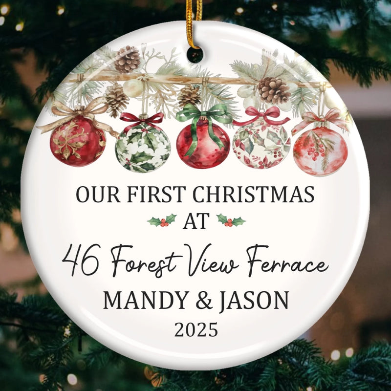 Custom First Christmas In New Home Ceramic Ornament - Personalized Anniversary Christmas Wedding Gifts For Husband And Wife, Him And Her, New Homeowners, Couples, Friends - Our Story Begins At Home