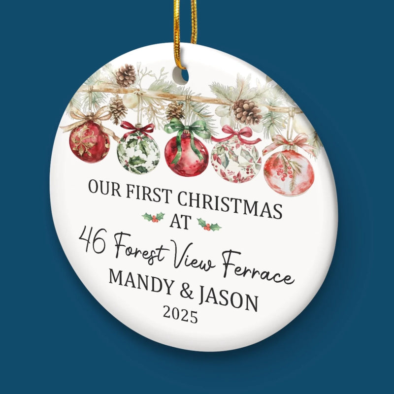 Custom First Christmas In New Home Ceramic Ornament - Personalized Anniversary Christmas Wedding Gifts For Husband And Wife, Him And Her, New Homeowners, Couples, Friends - Our Story Begins At Home