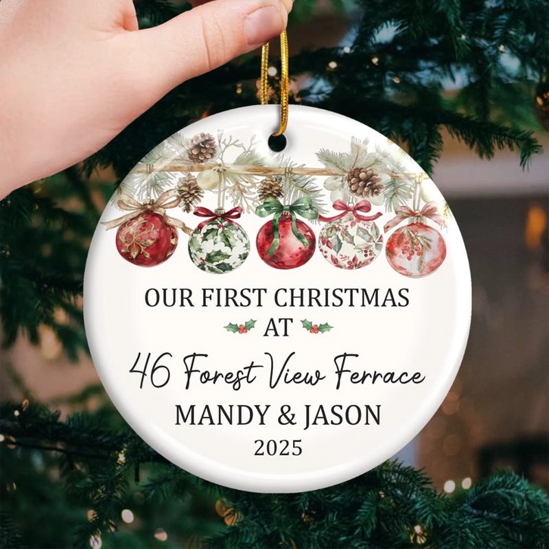 Custom First Christmas In New Home Ceramic Ornament - Personalized Anniversary Christmas Wedding Gifts For Husband And Wife, Him And Her, New Homeowners, Couples, Friends - Our Story Begins At Home