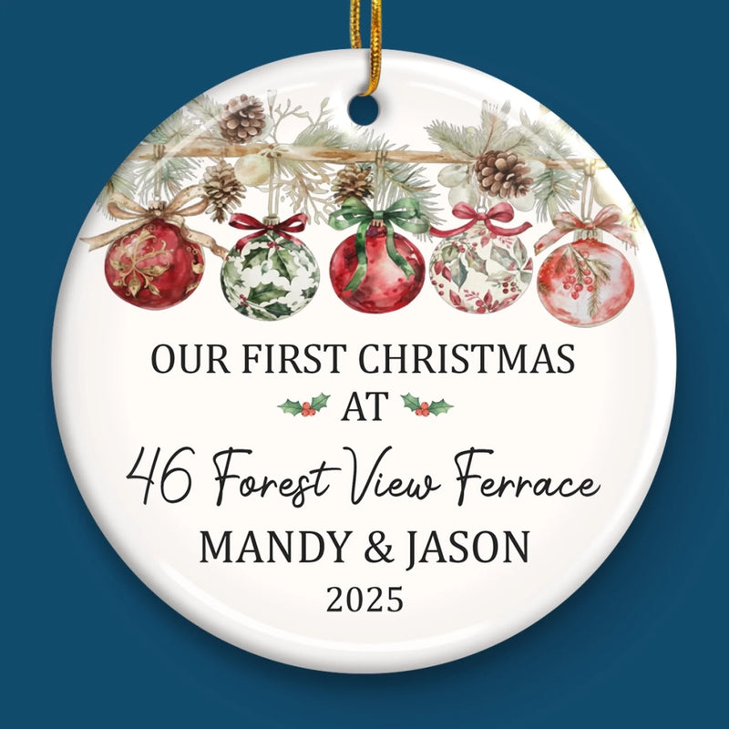 Custom First Christmas In New Home Ceramic Ornament - Personalized Anniversary Christmas Wedding Gifts For Husband And Wife, Him And Her, New Homeowners, Couples, Friends - Our Story Begins At Home