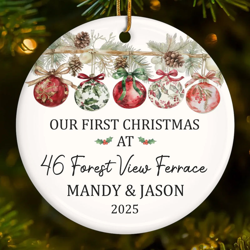 Custom First Christmas In New Home Ceramic Ornament - Personalized Anniversary Christmas Wedding Gifts For Husband And Wife, Him And Her, New Homeowners, Couples, Friends - Our Story Begins At Home