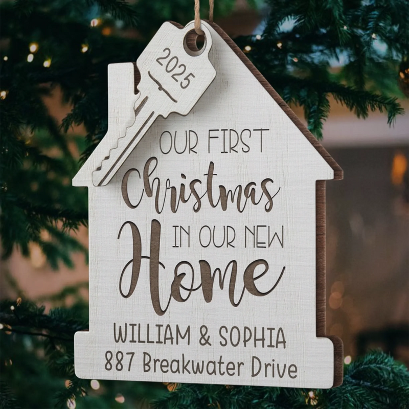 Custom First Christmas In New Home Wood Ornament - Personalized Anniversary Christmas Wedding Gifts For Husband And Wife, Him And Her, New Homeowners, Couples, Friends - Our Story Begins Here