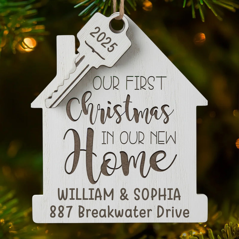 Custom First Christmas In New Home Wood Ornament - Personalized Anniversary Christmas Wedding Gifts For Husband And Wife, Him And Her, New Homeowners, Couples, Friends - Our Story Begins Here
