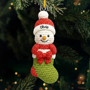 Custom Crochet Snowman Acrylic Ornament - Personalized Christmas Birthday Gifts For Mom, Dad, Brother, Sister, Kids - Warm Hugs Woven