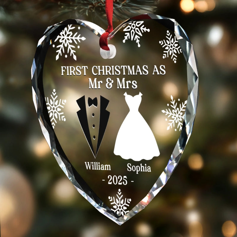 Custom Heart Glass Ornament - New Arrival, Personalized Anniversary Christmas Wedding Gifts For Husband And Wife, Him And Her - Our First Christmas As Husband And Wife AMZ