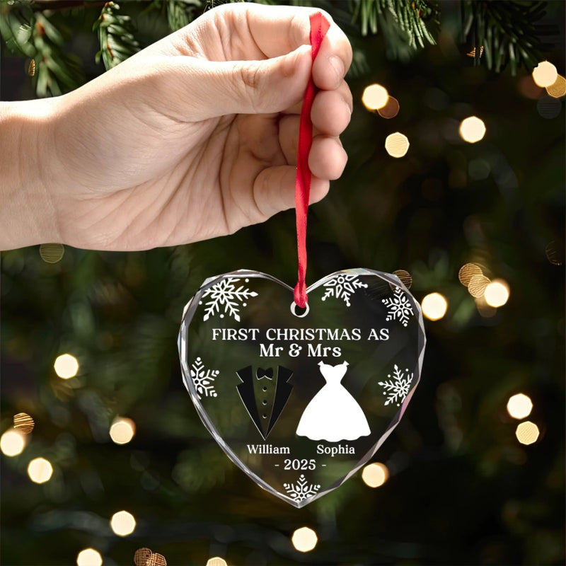 Custom Heart Glass Ornament - New Arrival, Personalized Anniversary Christmas Wedding Gifts For Husband And Wife, Him And Her - Our First Christmas As Husband And Wife AMZ