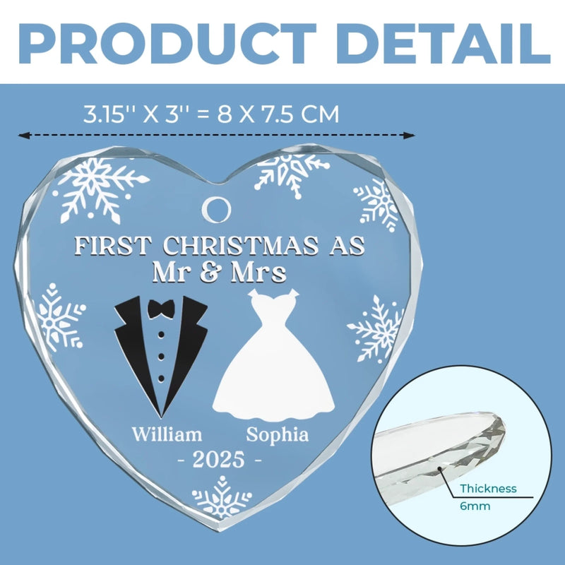 Custom Heart Glass Ornament - New Arrival, Personalized Anniversary Christmas Wedding Gifts For Husband And Wife, Him And Her - Our First Christmas As Husband And Wife AMZ