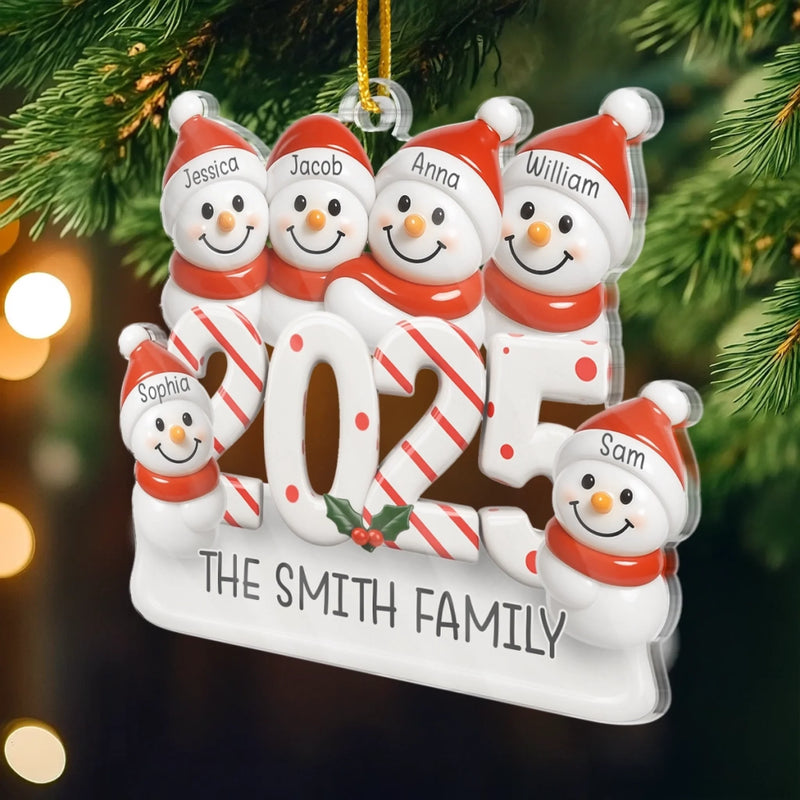 Custom Snowman Family Acrylic Ornament - Personalized Christmas Birthday Gifts For Mom, Dad, Kids - Hugs In The Snow