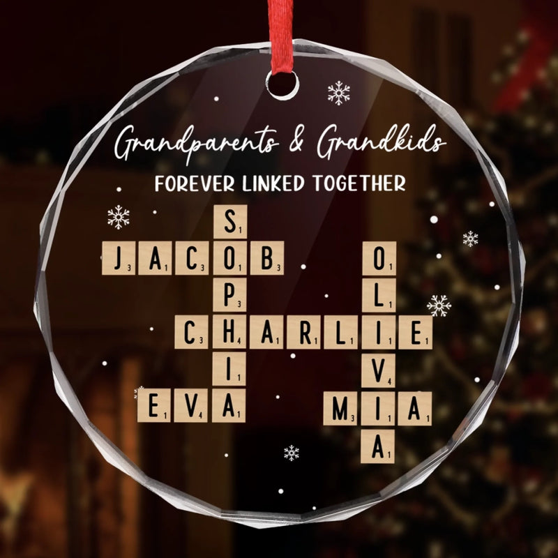 Custom Scrabble Circle Glass Ornament - Personalized Christmas Birthday Gifts For Grandpa, Grandma - Family Joy Shines Here