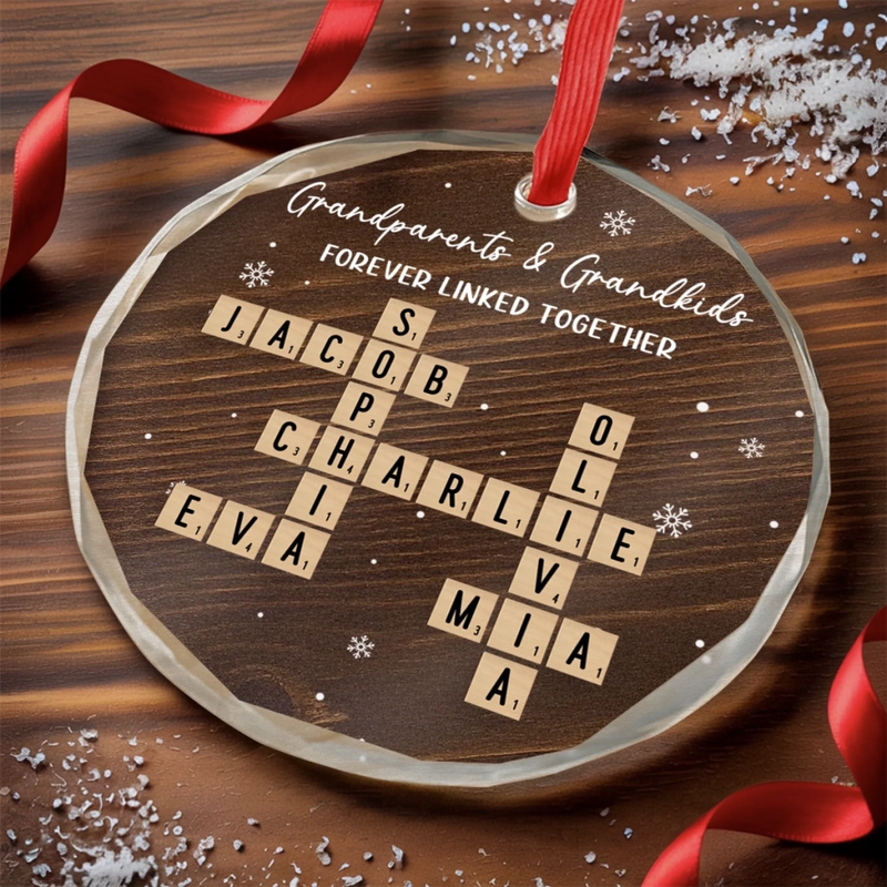 Custom Scrabble Circle Glass Ornament - Personalized Christmas Birthday Gifts For Grandpa, Grandma - Family Joy Shines Here