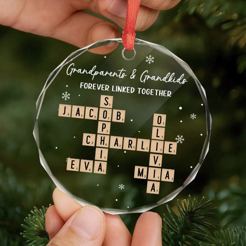Custom Scrabble Circle Glass Ornament - Personalized Christmas Birthday Gifts For Grandpa, Grandma - Family Joy Shines Here