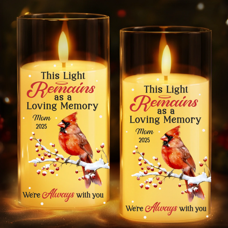 Custom Cardinal LED Candle Light - Personalized Christmas Memorial Sympathy Gifts For Loss Of Mom, Dad - Love Never Fades It Glows