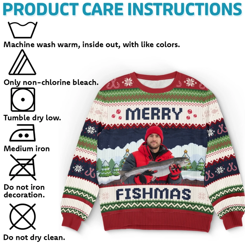 Custom Photo Unisex Ugly Sweatshirt - Personalized  Christmas Birthday Fishing Gifts For Fisherman - This Fishmas, I’m The Real Catch