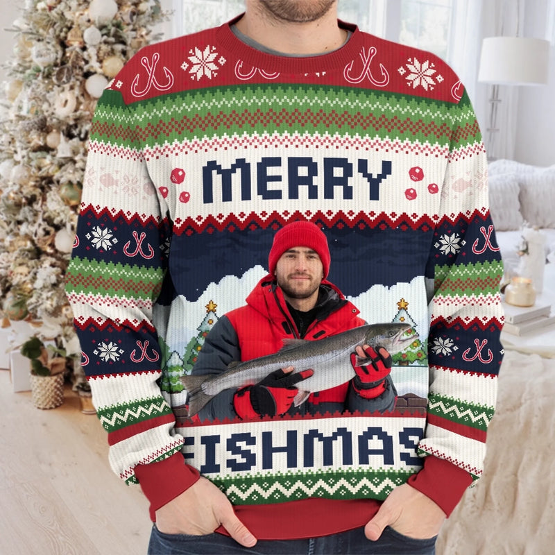 Custom Photo Unisex Ugly Sweatshirt - Personalized  Christmas Birthday Fishing Gifts For Fisherman - This Fishmas, I’m The Real Catch