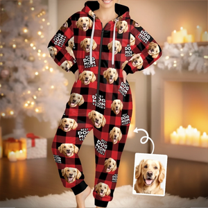 Custom Photo Adult Onesie - Personalized Christmas Birthday Gifts For Dog Cat Lovers, Dog Dad And Mom, Cat Owners - Fleece Navidad