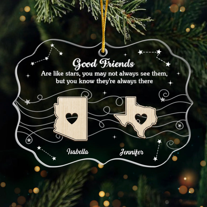 Custom Long Distance Acrylic Ornament - Personalized Best Friend Christmas Birthday Gifts For Women, Besties, Sisters, BFF - Apart By Miles Bound By Love