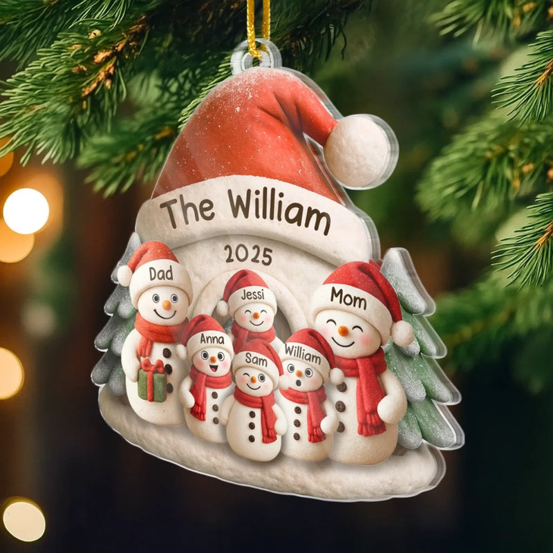 Custom Snowman Family Acrylic Ornament - Personalized Christmas Birthday Gifts For Mom, Dad, Brother, Sister, Kids - Love Melts The Coldest Snow