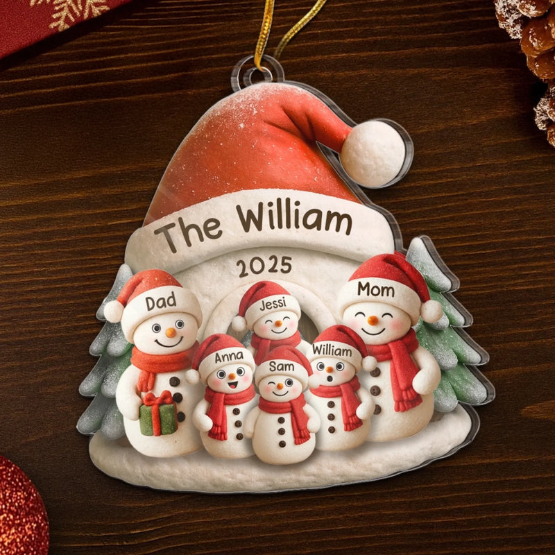 Custom Snowman Family Acrylic Ornament - Personalized Christmas Birthday Gifts For Mom, Dad, Brother, Sister, Kids - Love Melts The Coldest Snow