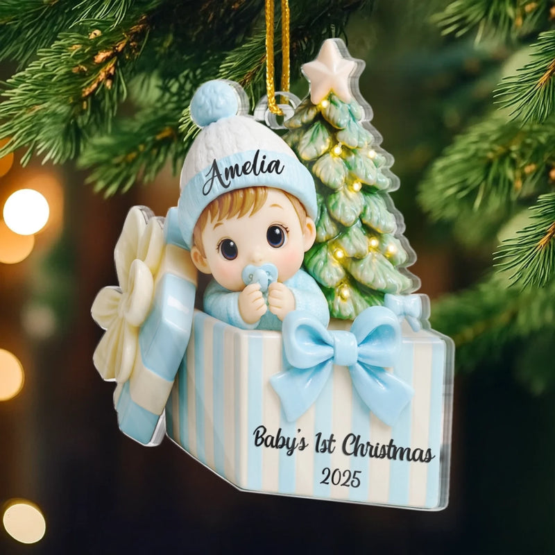 Custom First Christmas Acrylic Ornament - Personalized Christmas Baby Shower, Gender Reveal Gifts For New Moms, New Dads, New Parents - Joy Wrapped In Love