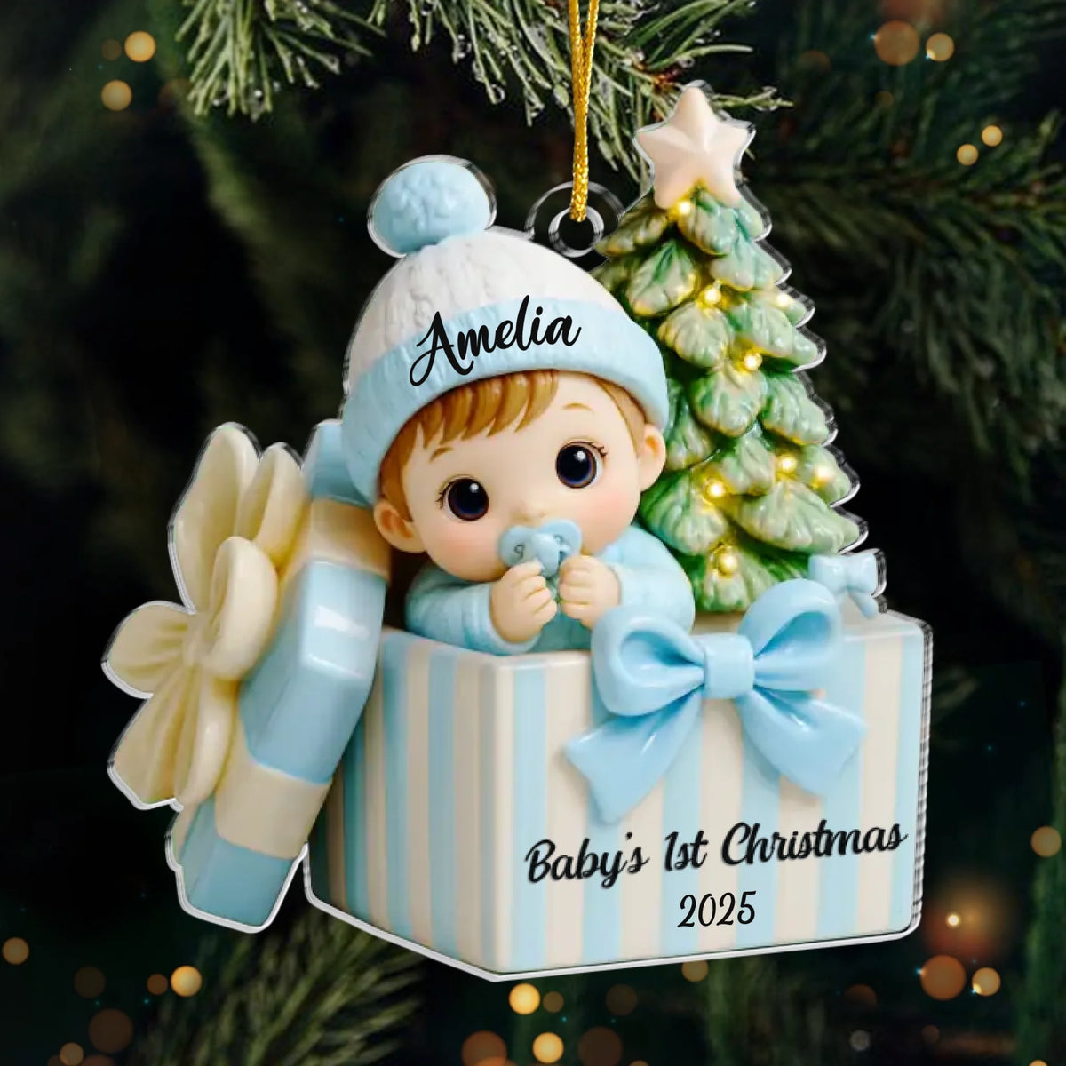 Custom First Christmas Acrylic Ornament - Personalized Christmas Baby Shower, Gender Reveal Gifts For New Moms, New Dads, New Parents - Joy Wrapped In Love