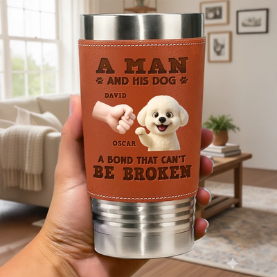 Custom Printed Leather Tumbler - Personalized Birthday Gifts For Dog Lovers, Dog Dad And Mom - Happiness Is A Wag