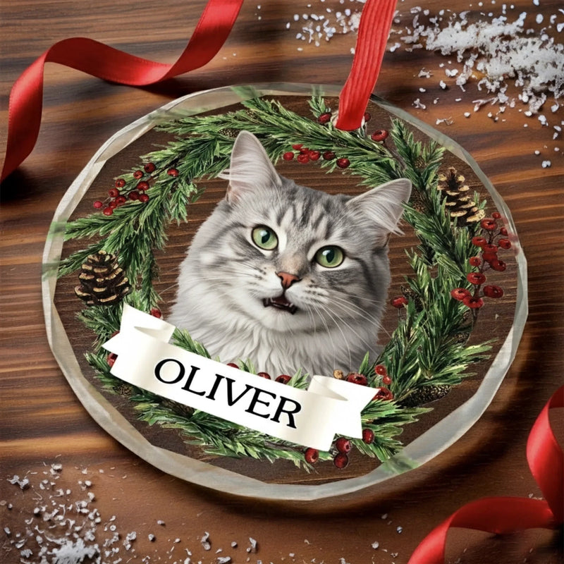 Custom Photo Circle Glass Ornament - Personalized Pet Christmas Memorial Sympathy Gifts For Dogs, Cats - Forever Loved Never Forgotten