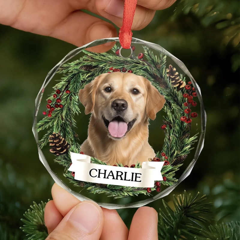 Custom Photo Circle Glass Ornament - Personalized Pet Christmas Memorial Sympathy Gifts For Dogs, Cats - Forever Loved Never Forgotten