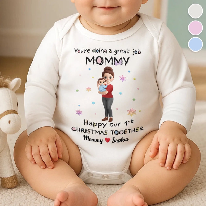 Custom First Christmas Long Sleeve Baby Onesie - Personalized Christmas Baby Shower, Gender Reveal Gifts For New Moms, New Dads, New Parents - Tiny Hands Big Love