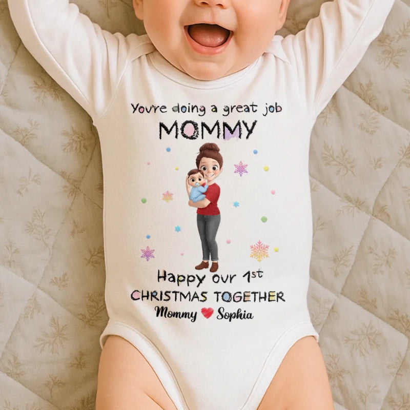 Custom First Christmas Long Sleeve Baby Onesie - Personalized Christmas Baby Shower, Gender Reveal Gifts For New Moms, New Dads, New Parents - Tiny Hands Big Love