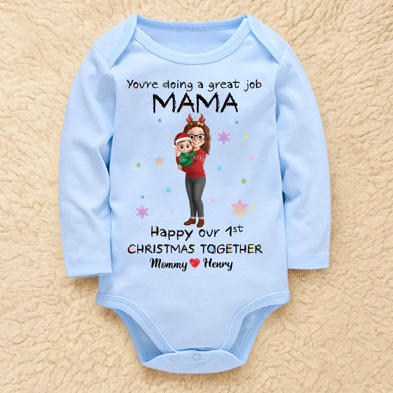 Custom First Christmas Long Sleeve Baby Onesie - Personalized Christmas Baby Shower, Gender Reveal Gifts For New Moms, New Dads, New Parents - Tiny Hands Big Love