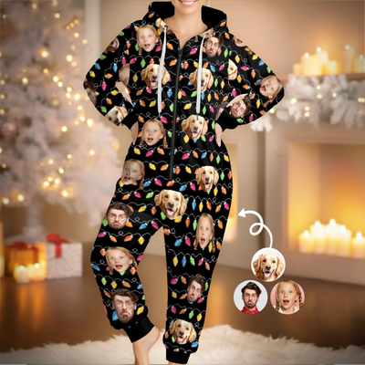 Custom Photo Adult Onesie - Personalized Christmas Birthday Gifts For Family, Dog Cat Lovers - Santa’s Favorite Weird Family