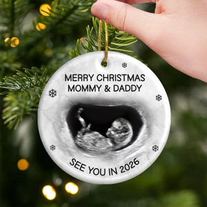 Custom Photo Ceramic Ornament - Personalized Christmas Baby Shower, Gender Reveal Gifts For New Moms, New Dads, New Parents - A Little Elf Arriving Soon