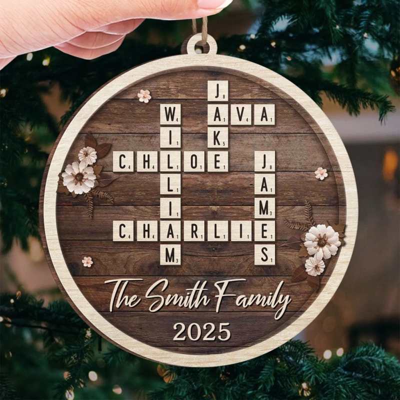 Custom Scrabble Wood Ornament - Personalized Christmas Birthday Gifts For Mom, Dad, Brother, Sister, Kids - Joy Gathers Around Our Tree