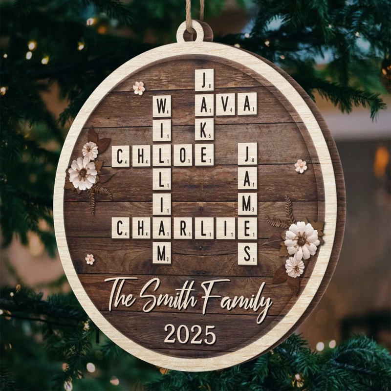 Custom Scrabble Wood Ornament - Personalized Christmas Birthday Gifts For Mom, Dad, Brother, Sister, Kids - Joy Gathers Around Our Tree