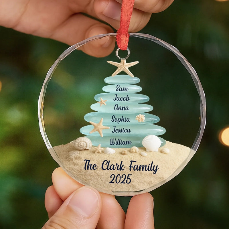 Custom Sea Glass Circle Glass Ornament - Personalized Christmas Birthday Gifts For Mom, Dad, Brother, Sister, Kids, Beach Lovers - Tides Keep Us Close