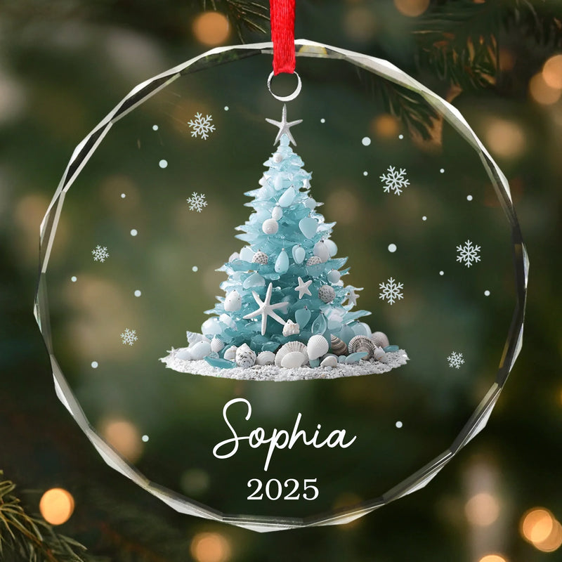 Custom Sea Glass Circle Glass Ornament - Personalized Christmas Birthday Gifts For Mom, Dad, Brother, Sister, Kids, Beach Lovers - Sandy Toes Christmas Joy