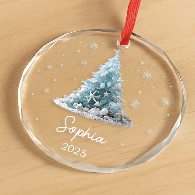 Custom Sea Glass Circle Glass Ornament - Personalized Christmas Birthday Gifts For Mom, Dad, Brother, Sister, Kids, Beach Lovers - Sandy Toes Christmas Joy