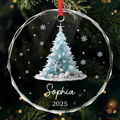 Custom Sea Glass Circle Glass Ornament - Personalized Christmas Birthday Gifts For Mom, Dad, Brother, Sister, Kids, Beach Lovers - Sandy Toes Christmas Joy