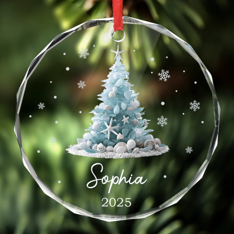 Custom Sea Glass Circle Glass Ornament - Personalized Christmas Birthday Gifts For Mom, Dad, Brother, Sister, Kids, Beach Lovers - Sandy Toes Christmas Joy