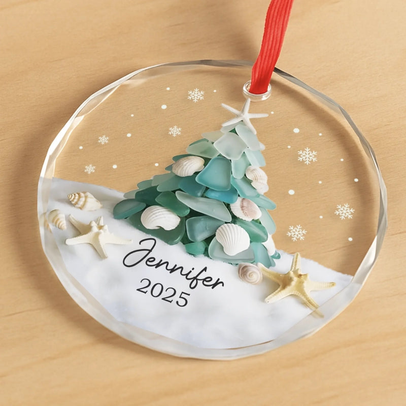 Custom Sea Glass Circle Glass Ornament - Personalized Christmas Birthday Gifts For Mom, Dad, Brother, Sister, Kids, Beach Lovers - Coastal Christmas Magic