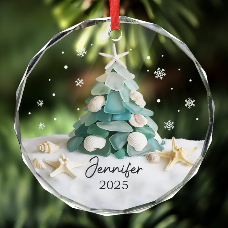 Custom Sea Glass Circle Glass Ornament - Personalized Christmas Birthday Gifts For Mom, Dad, Brother, Sister, Kids, Beach Lovers - Coastal Christmas Magic