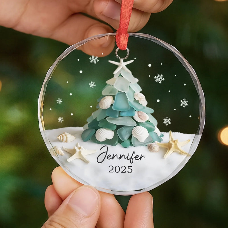 Custom Sea Glass Circle Glass Ornament - Personalized Christmas Birthday Gifts For Mom, Dad, Brother, Sister, Kids, Beach Lovers - Coastal Christmas Magic