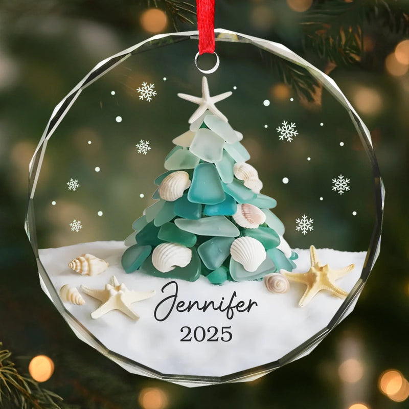 Custom Sea Glass Circle Glass Ornament - Personalized Christmas Birthday Gifts For Mom, Dad, Brother, Sister, Kids, Beach Lovers - Coastal Christmas Magic