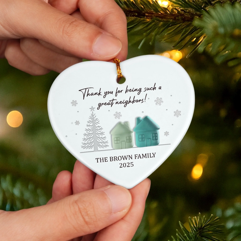 Custom Sea Glass Heart Ceramic Ornament - Personalized Best Friend Christmas Birthday Appreciation Gifts For Friendship, Neighbors, Neighbours, Beach Lovers - Best Neighbor Ever