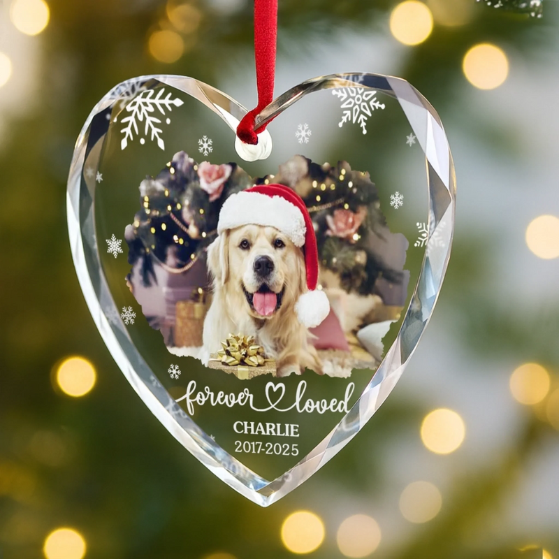 Custom Photo Heart Glass Ornament - Personalized Pet Christmas Memorial Sympathy Gifts For Dogs, Cats - Forever In My Heart Pawprints