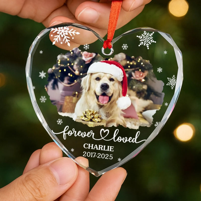 Custom Photo Heart Glass Ornament - Personalized Pet Christmas Memorial Sympathy Gifts For Dogs, Cats - Forever In My Heart Pawprints