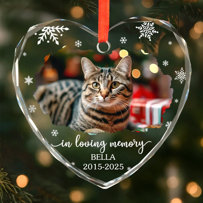 Custom Photo Heart Glass Ornament - Personalized Pet Christmas Memorial Sympathy Gifts For Dogs, Cats - Forever In My Heart Pawprints