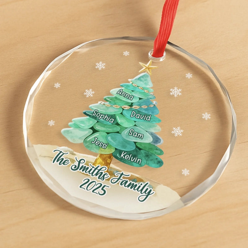 Custom Sea Glass Circle Glass Ornament -   Personalized Christmas Birthday Gifts For Mom, Dad, Brother, Sister, Kids, Beach Lovers - Peace By The Waves